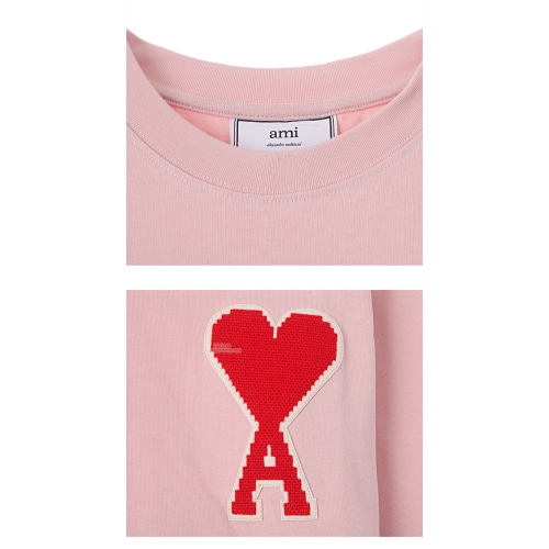 [아미] 19FW H19J137.701 655 빅하트자수 라운드 반팔 티셔츠 핑크 남성 티셔츠 / TEO,AMI
