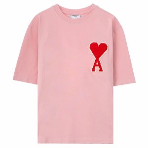 [아미] 19FW H19J137.701 655 빅하트자수 라운드 반팔 티셔츠 핑크 남성 티셔츠 / TEO,AMI