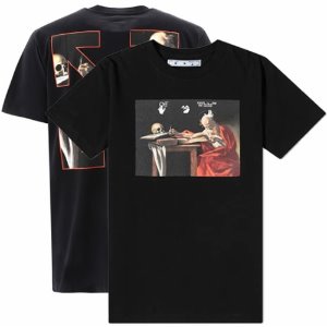 [오프화이트] OMAA027R21JER0041025 카라바지오 로고 프린팅 슬림 반팔 티셔츠 블랙 남성 티셔츠 / TR,OFF WHITE